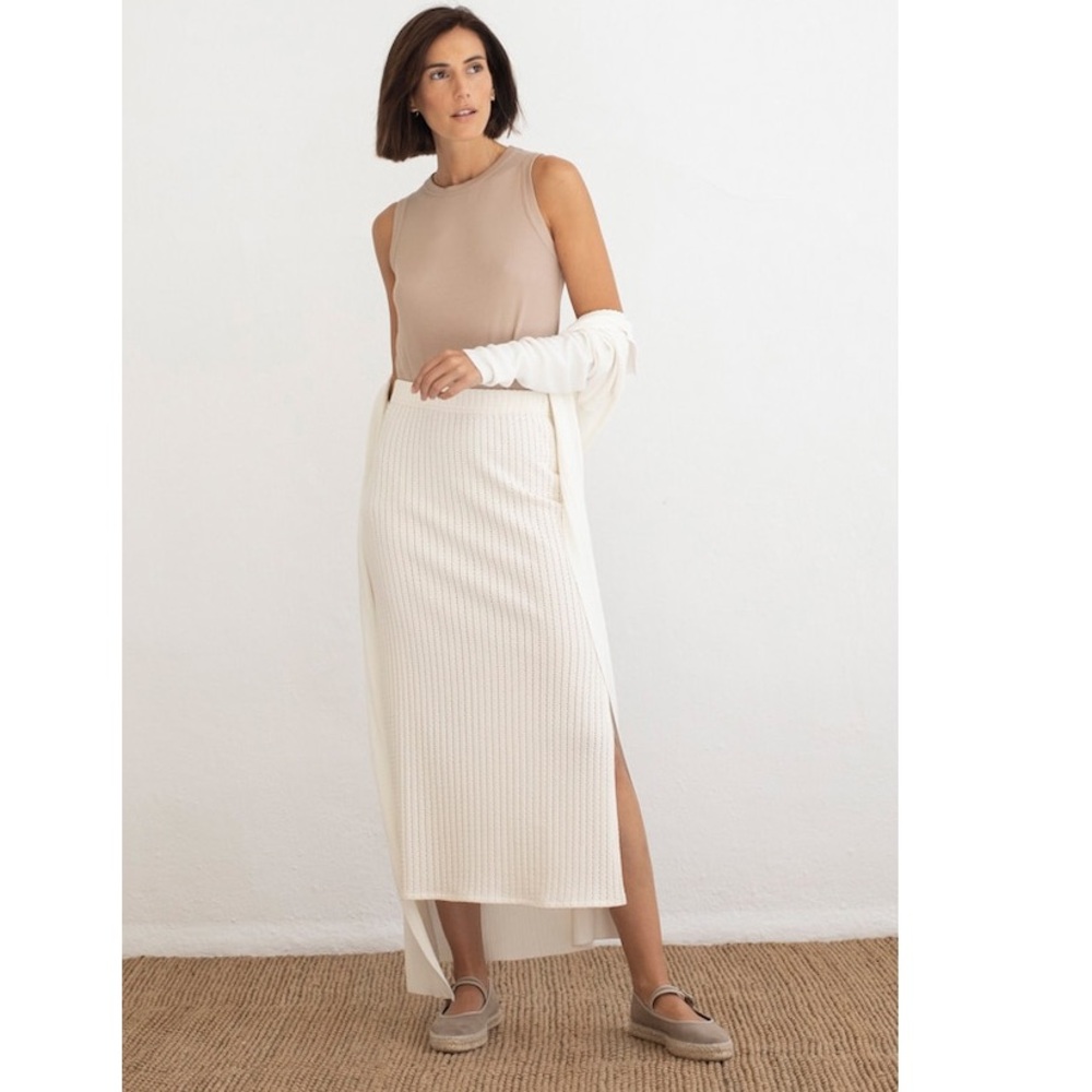 Mus & Bonbon Barcelona Samiel Knit Midi Skirt With Side Slit Striped Cream Large